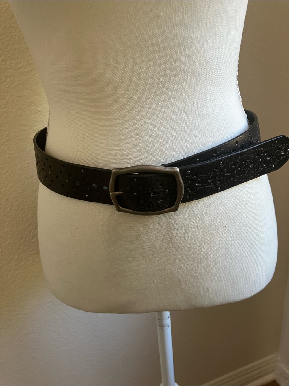 Black Floral-Embossed Leather Belt with Antiqued Silver Buckle